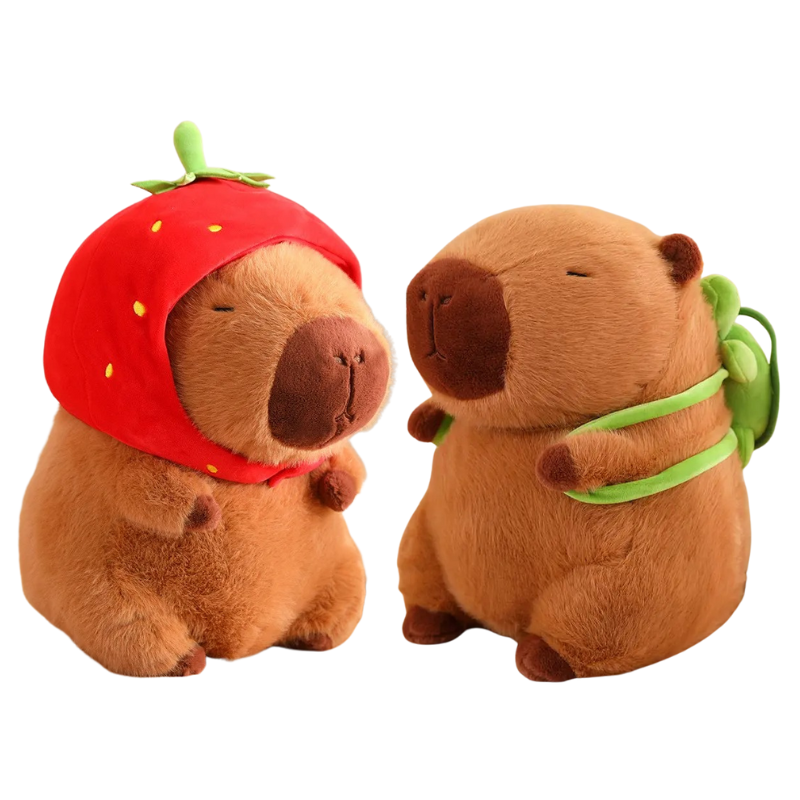 Peluche Capybara avec Capuche Fraise et Sac à Dos Tortue