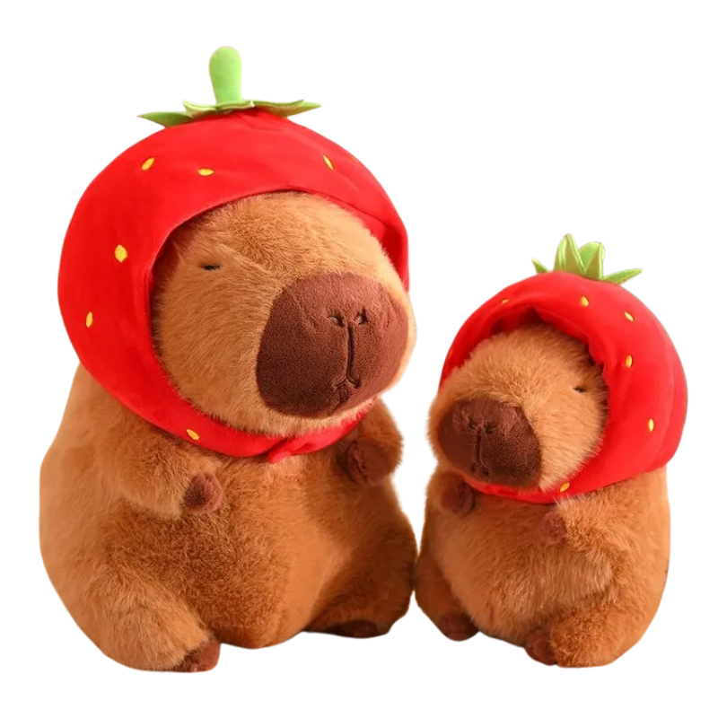 Peluche Capybara avec Capuche Fraise et Sac à Dos Tortue