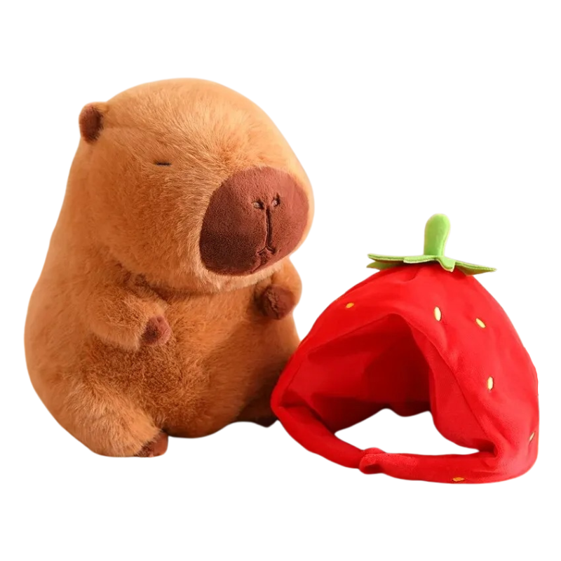 Peluche Capybara avec Capuche Fraise et Sac à Dos Tortue