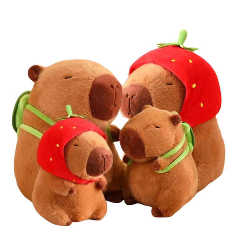 Peluche Capybara avec Capuche Fraise et Sac à Dos Tortue