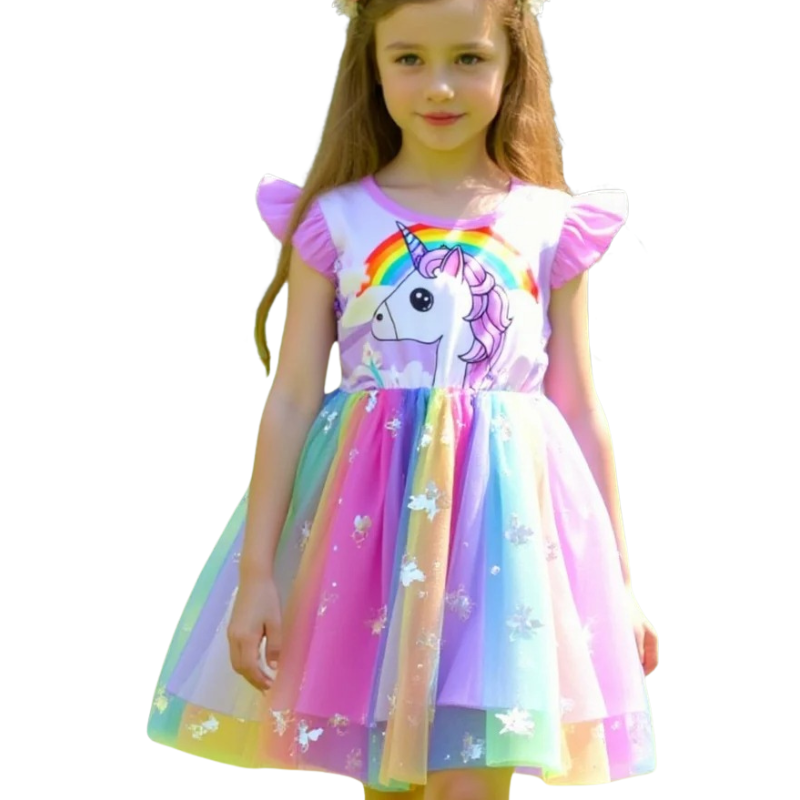 Robe Fille à Manches Courtes – Motif Licorne