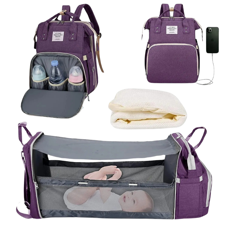 Sac à Langer Intelligent – Berceau Intégré, USB, Porte-Biberons & Matelas à Langer