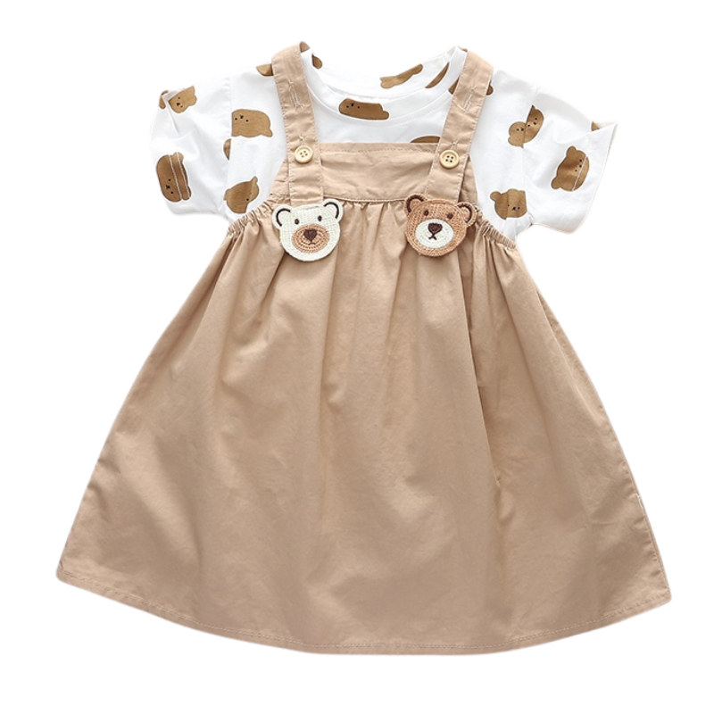 Salopette Unisexe pour Enfants avec T-shirt Blanc et Motif Ourson