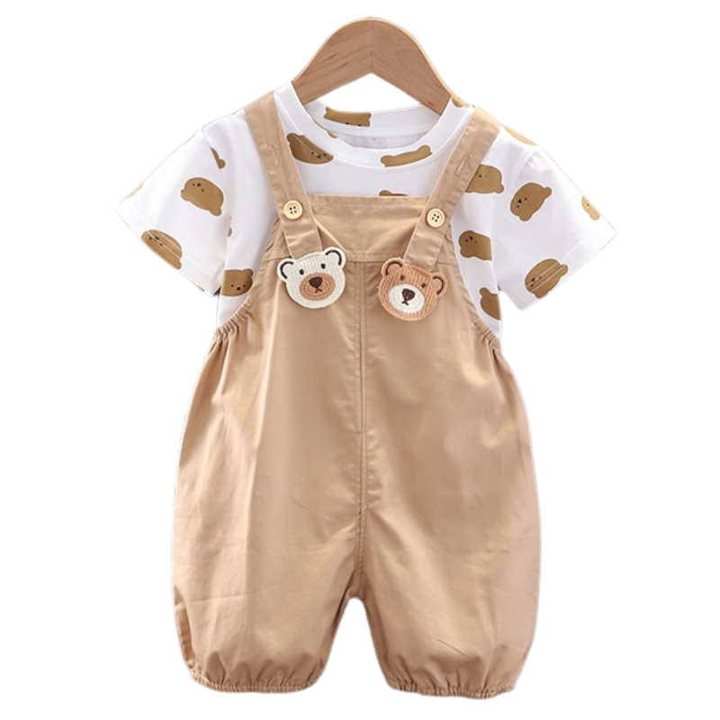 Salopette Unisexe pour Enfants avec T-shirt Blanc et Motif Ourson