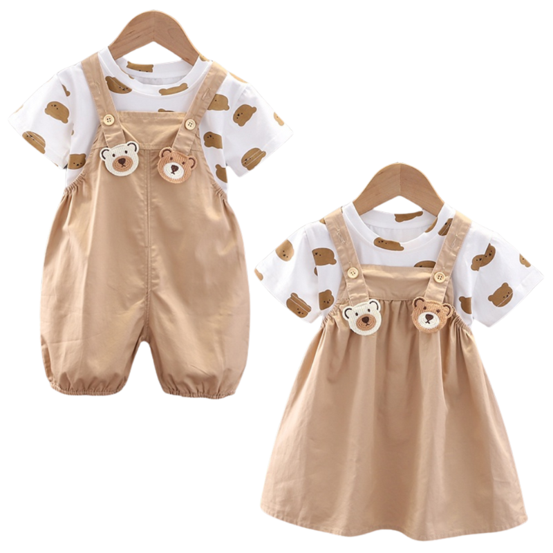 Salopette Unisexe pour Enfants avec T-shirt Blanc et Motif Ourson