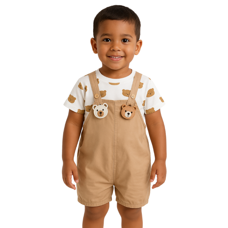 Salopette Unisexe pour Enfants avec T-shirt Blanc et Motif Ourson