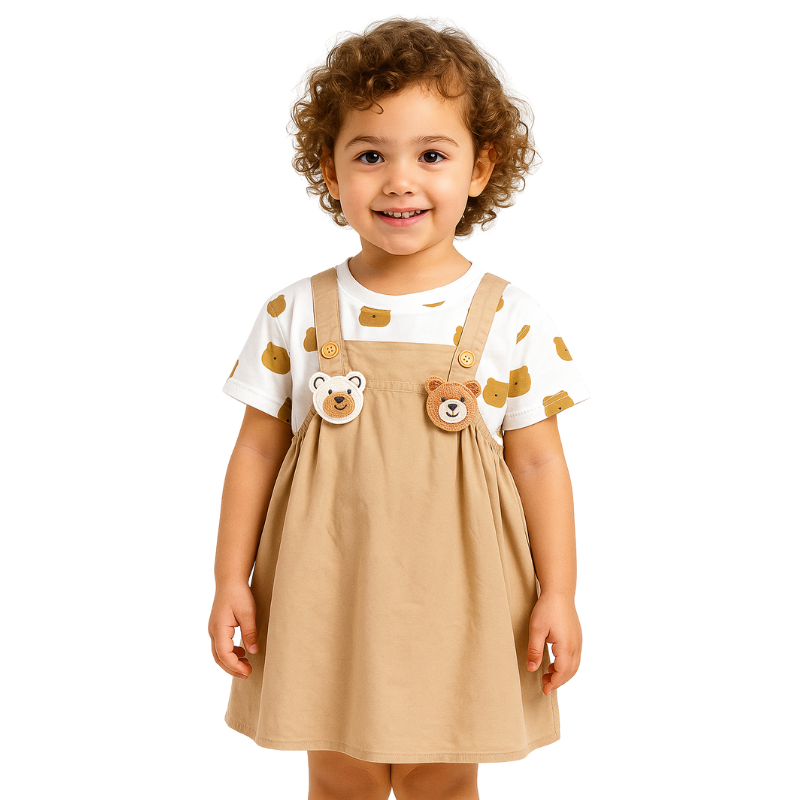 Salopette Unisexe pour Enfants avec T-shirt Blanc et Motif Ourson