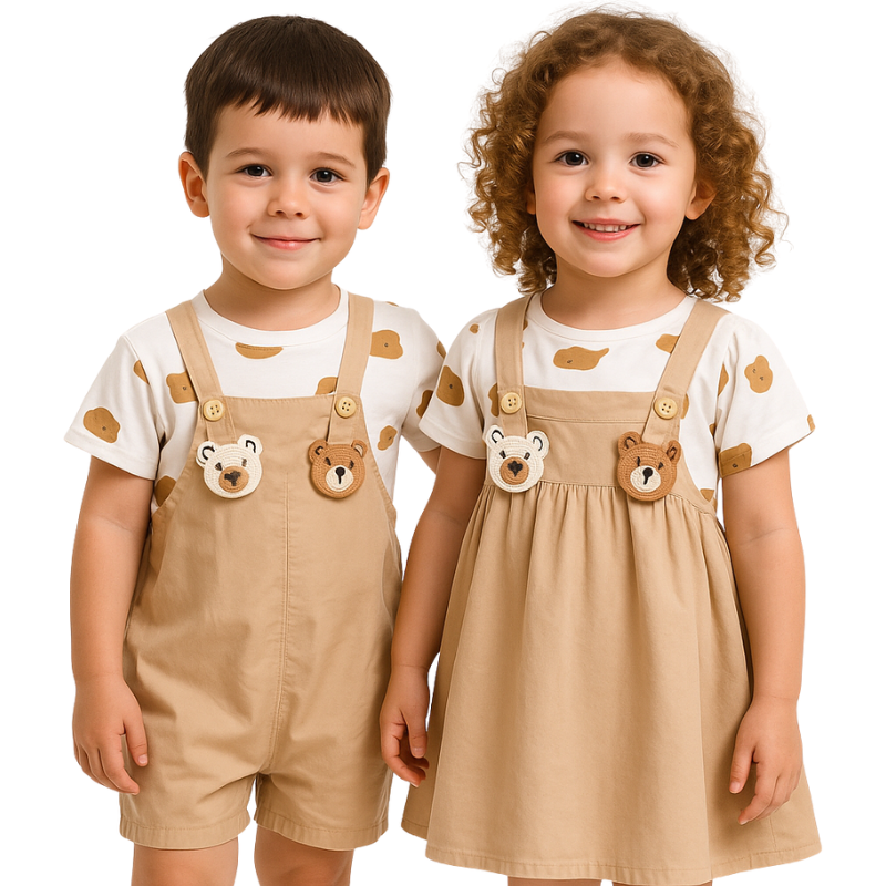Salopette Unisexe pour Enfants avec T-shirt Blanc et Motif Ourson