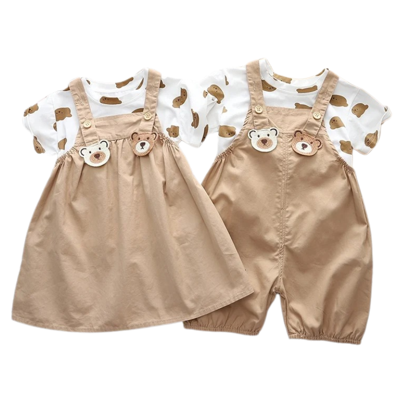Salopette Unisexe pour Enfants avec T-shirt Blanc et Motif Ourson