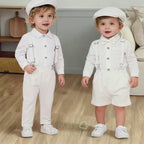 Costume Bébé Garçon Blanc avec Bretelles, Body Chemise, Nœud Papillon et Béret – Ensemble de Cérémonie