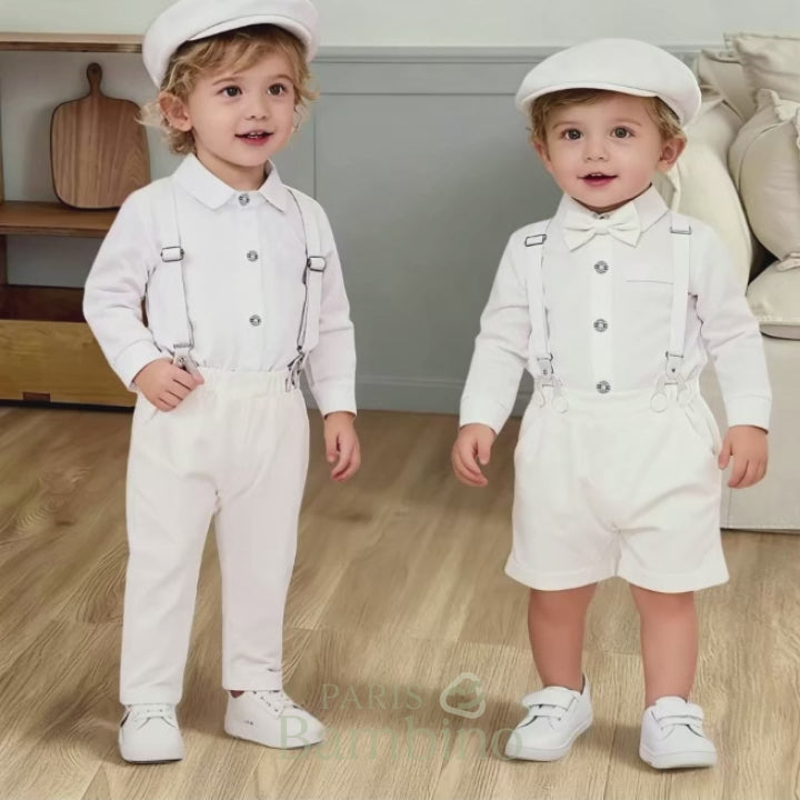 Costume Bébé Garçon Blanc avec Bretelles, Body Chemise, Nœud Papillon et Béret – Ensemble de Cérémonie