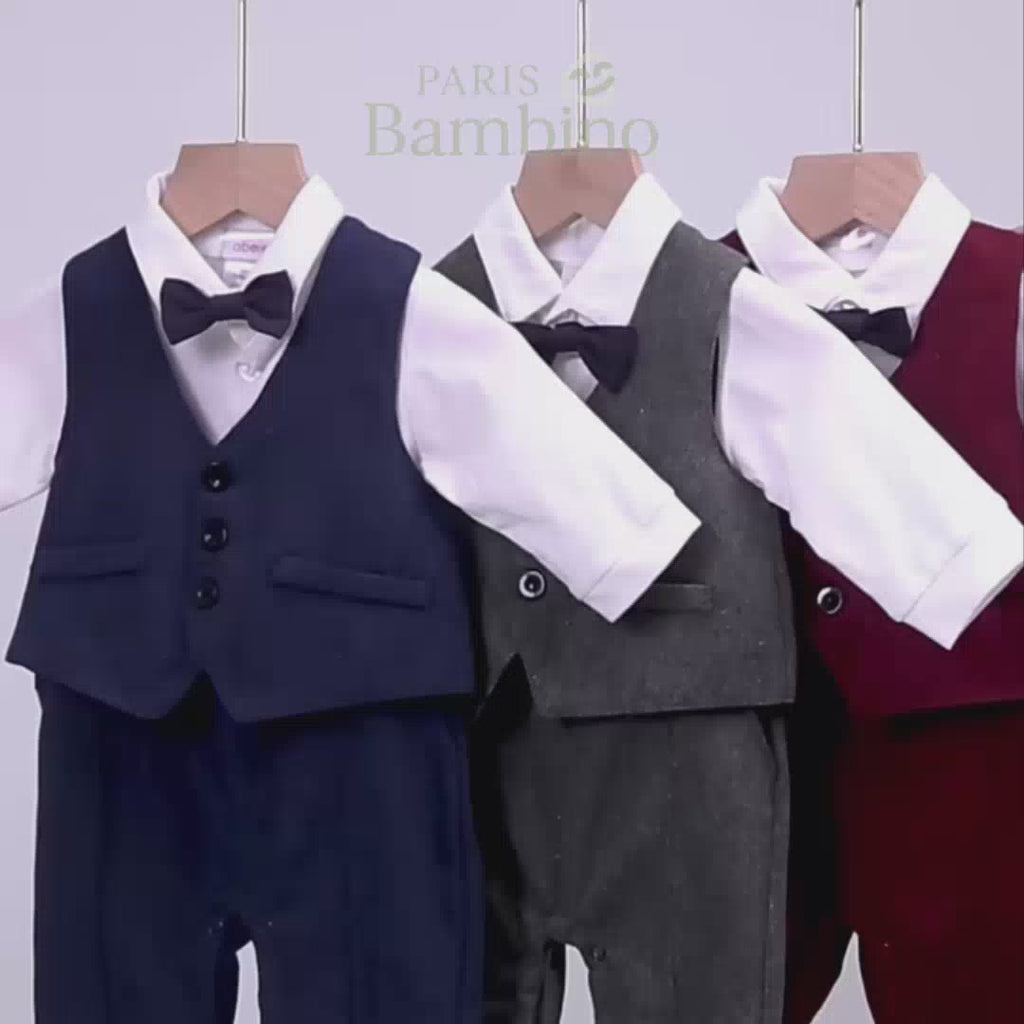 Costume Bébé Garçon avec Bretelles, Gilet et Béret – Tenue de Cérémonie