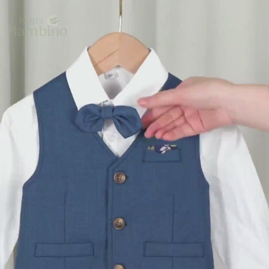 Ensemble Costume Garçon avec Gilet, Pantalon, Chemise et Nœud Papillon – Tenue de Cérémonie